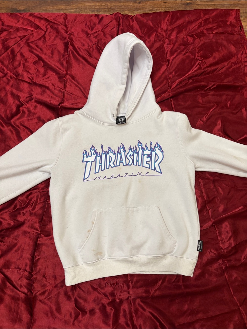 Thrasher White Hoodie with Blue Flame Logo - Kids